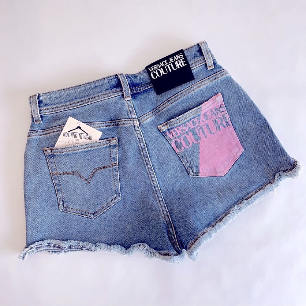 ⭕️ VERSACE JEANS Denim Shorts Logo Blue Pink